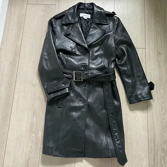 Calvin Klein Genuine Leather Trench Coat Women Small Black Classic Elegant Retro - Picture 4 of 15